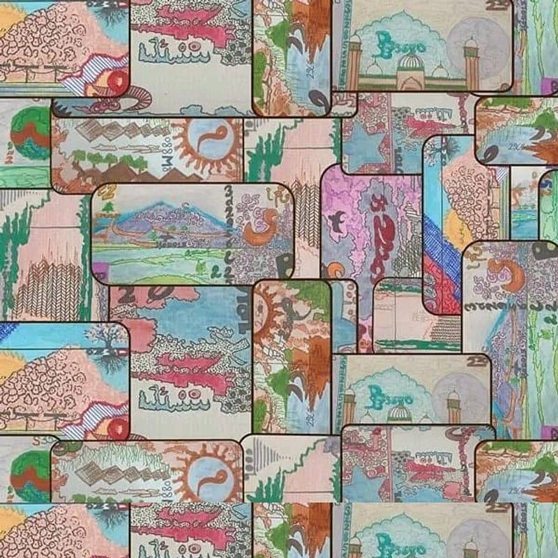Detail from the artist’s collage of hand-painted banknote panels, shown in place of a photograph of the item itself.